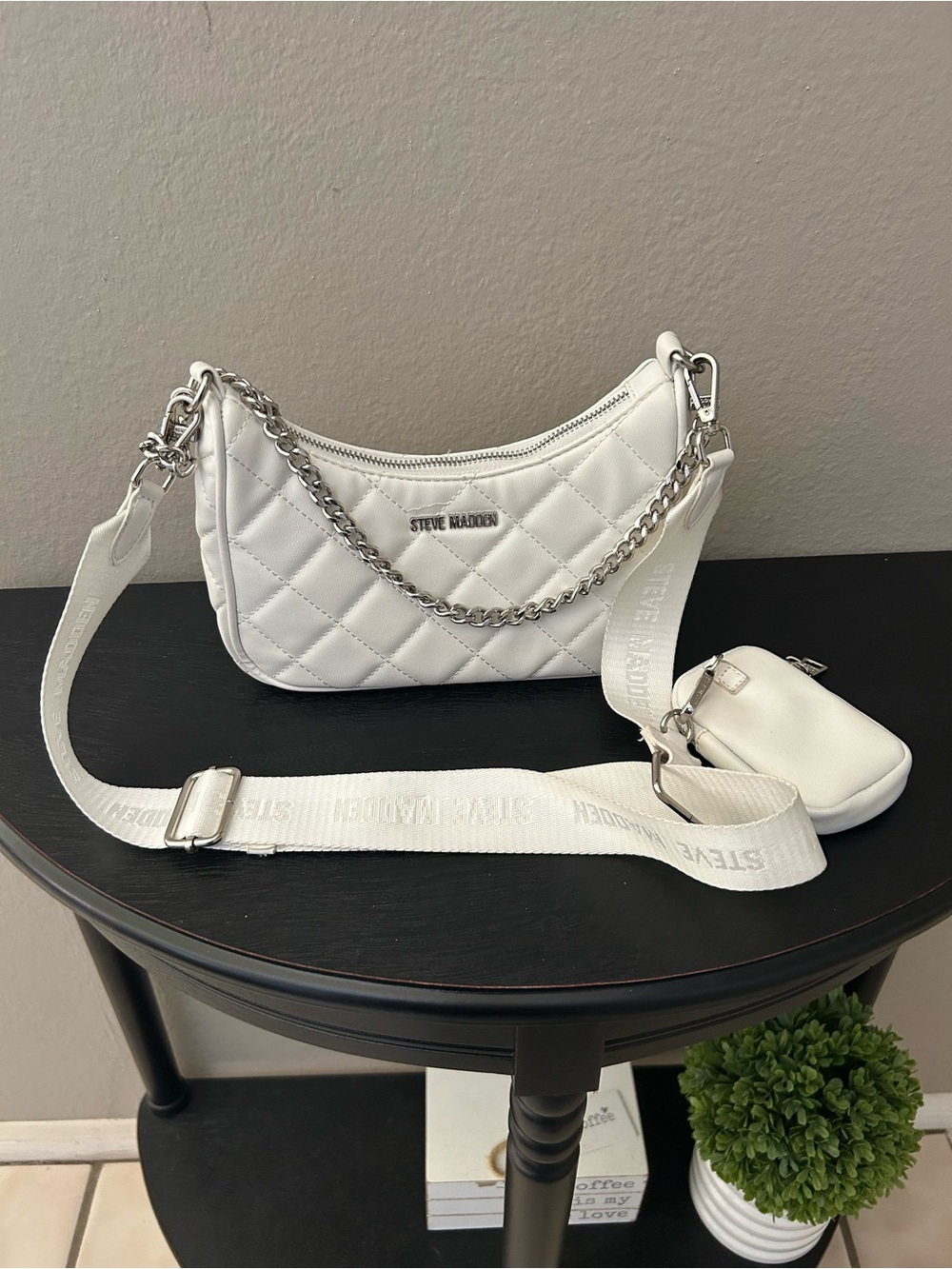 Steve Madden White Quilted Shoulder Crossbody with Chain Detail